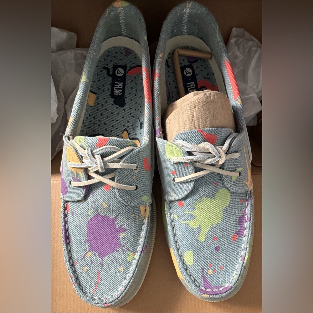 NWT Sperry Denim A/O 2-Eye Textile Boat Shoe Paint Splatter slip on street 12